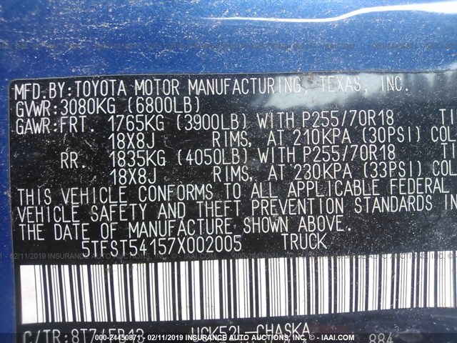 5TFST54157X002005 - 2007 TOYOTA TUNDRA DOUBLE CAB SR5 BLUE photo 9