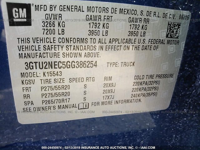 3GTU2NEC5GG386254 - 2016 GMC SIERRA K1500 SLT BLUE photo 9