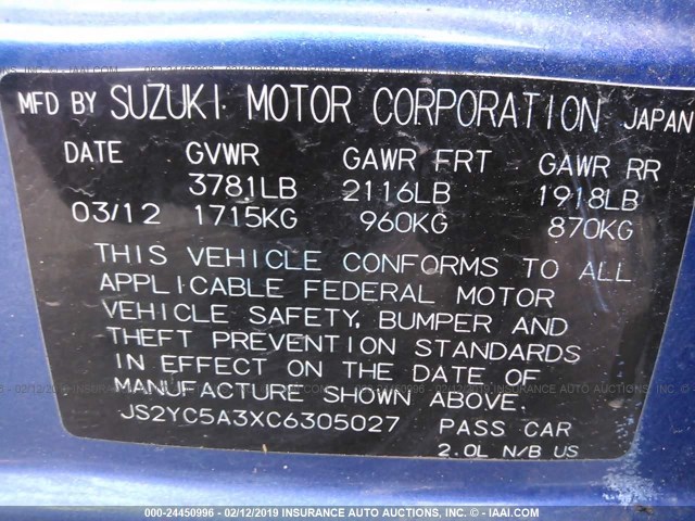 JS2YC5A3XC6305027 - 2012 SUZUKI SX4 LE BLUE photo 9