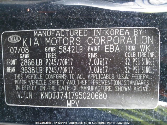 KNDJJ741795020680 - 2009 KIA BORREGO LX/EX BLACK photo 9