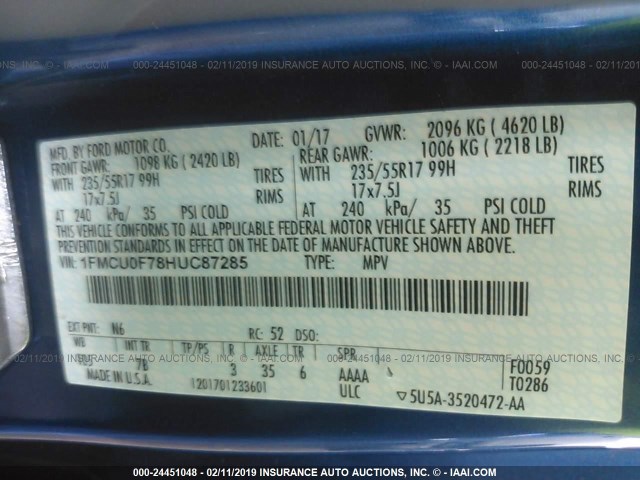 1FMCU0F78HUC87285 - 2017 FORD ESCAPE S BLUE photo 9