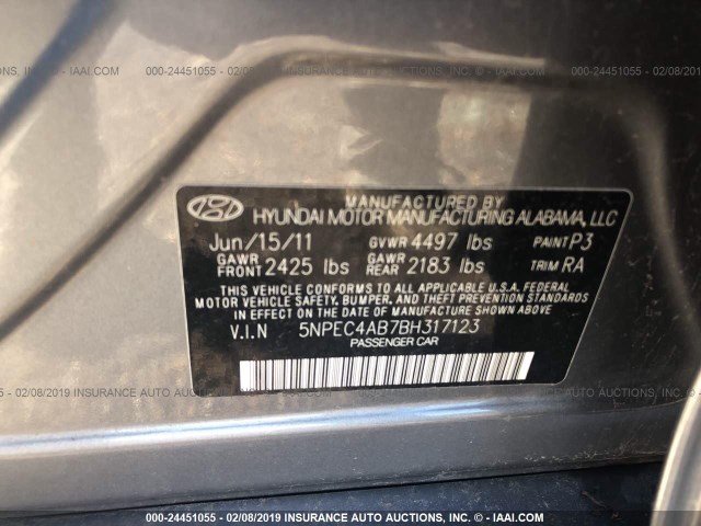 5NPEC4AB7BH317123 - 2011 HYUNDAI SONATA SE/LIMITED GRAY photo 9