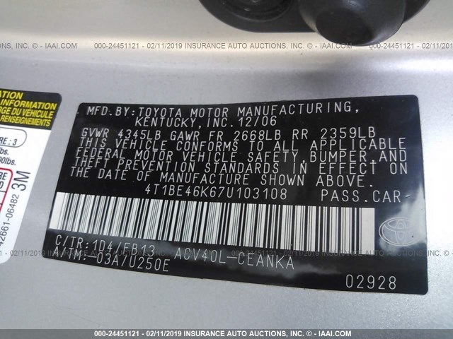 4T1BE46K67U103108 - 2007 TOYOTA CAMRY NEW GENERAT CE/LE/XLE/SE SILVER photo 9