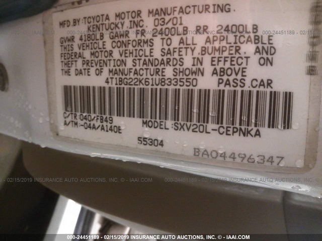 4T1BG22K61U833550 - 2001 TOYOTA CAMRY CE/LE/XLE WHITE photo 9