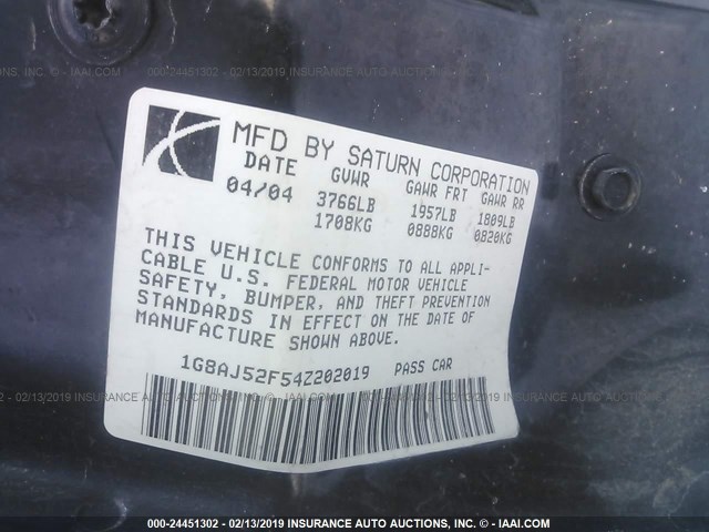 1G8AJ52F54Z202019 - 2004 SATURN ION LEVEL 2 蓝色 照片 9