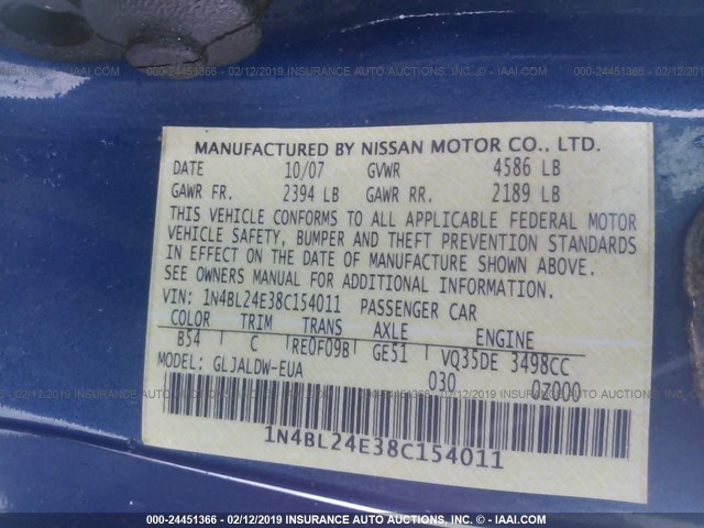 1N4BL24E38C154011 - 2008 NISSAN ALTIMA 3.5SE BLUE photo 9