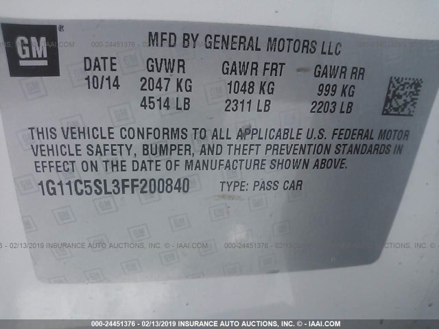 1G11C5SL3FF200840 - 2015 CHEVROLET MALIBU 1LT 白色 照片 9