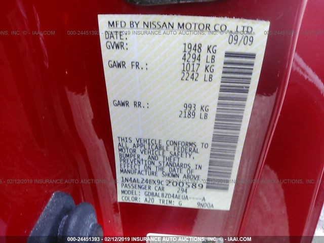 1N4AL24EX9C200589 - 2009 NISSAN ALTIMA 2.5S RED photo 9