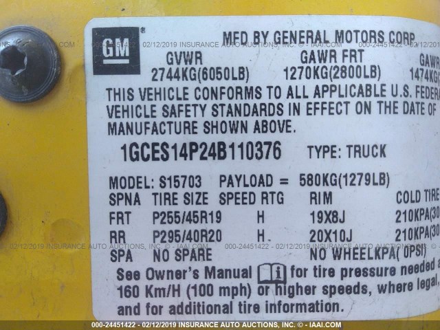 1GCES14P24B110376 - 2004 CHEVROLET SSR 黄色 照片 9