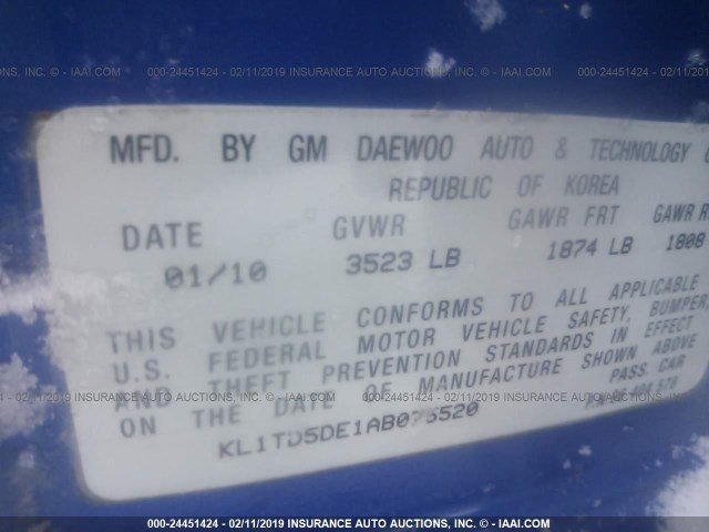 KL1TD5DE1AB075520 - 2010 CHEVROLET AVEO LS/LT ლურჯი ფოტო 9