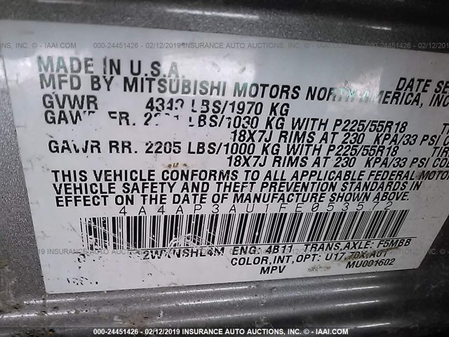 4A4AP3AU1FE053572 - 2015 MITSUBISHI OUTLANDER SPORT ES GRAY photo 9