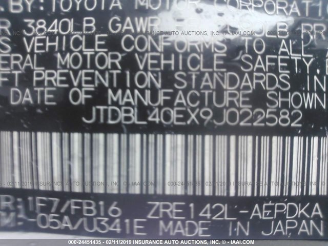 JTDBL40EX9J022582 - 2009 TOYOTA COROLLA LE/XLE SILVER photo 9