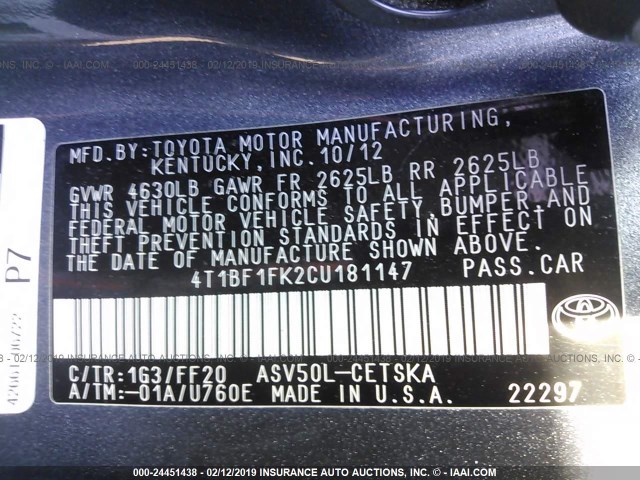 4T1BF1FK2CU181147 - 2012 TOYOTA CAMRY SE/LE/XLE 灰色 照片 9