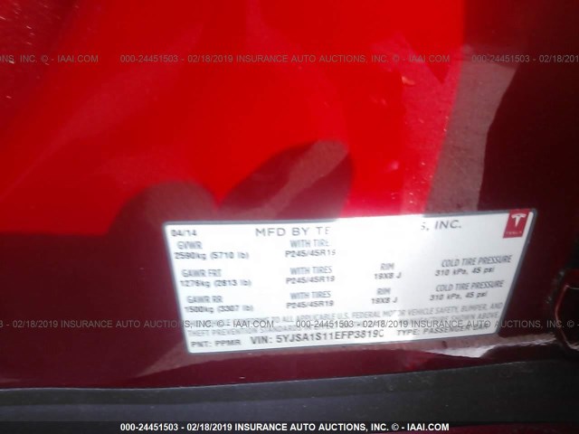 5YJSA1S11EFP38190 - 2014 TESLA MODEL S RED photo 9