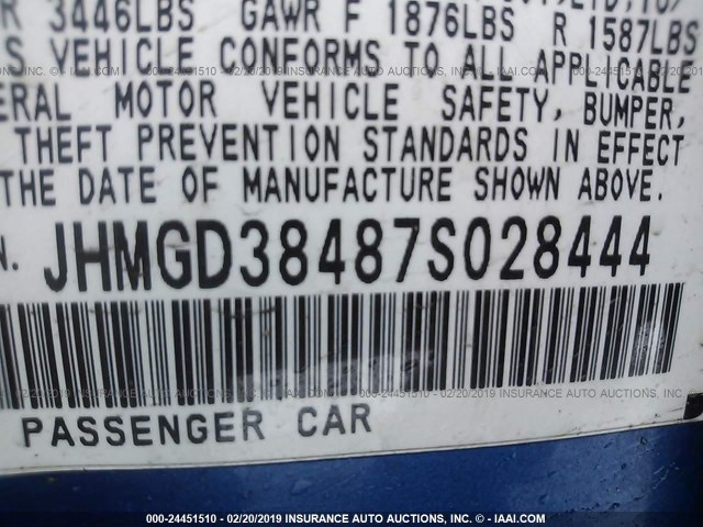 JHMGD38487S028444 - 2007 HONDA FIT BLUE photo 9