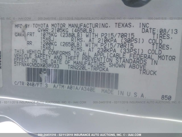 5TFNX4CN5DX030933 - 2013 TOYOTA TACOMA WHITE photo 9