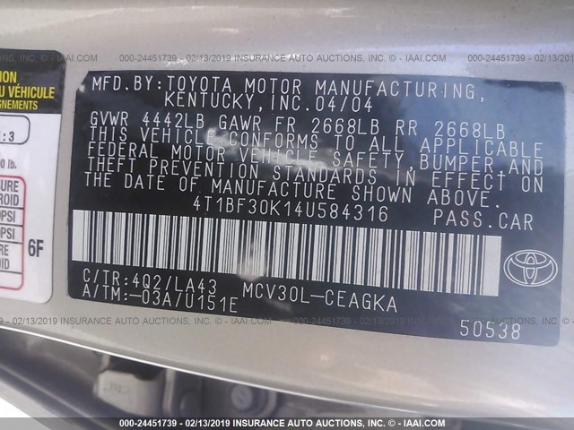 4T1BF30K14U584316 - 2004 TOYOTA CAMRY LE/XLE/SE GOLD photo 9