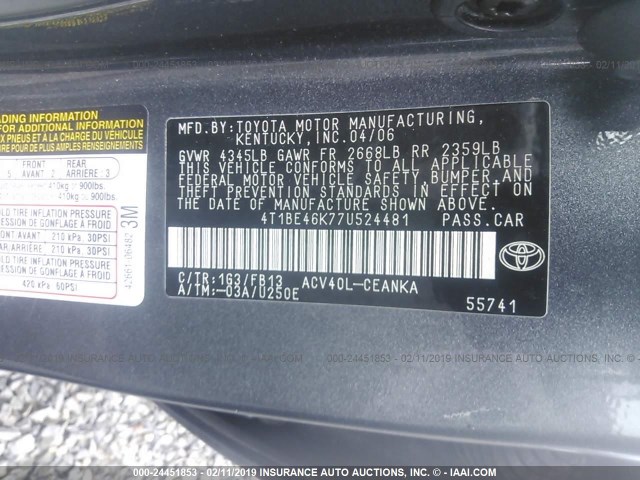 4T1BE46K77U524481 - 2007 TOYOTA CAMRY NEW GENERAT CE/LE/XLE/SE GRAY photo 9