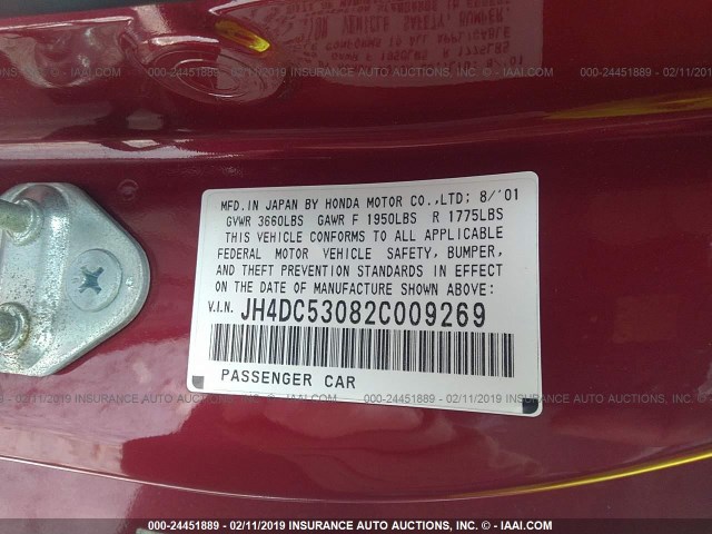 JH4DC53082C009269 - 2002 ACURA RSX TYPE-S RED photo 9