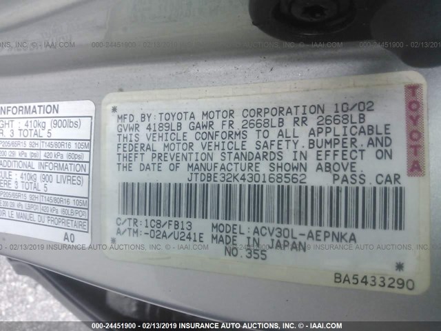 JTDBE32K430168562 - 2003 TOYOTA CAMRY LE/XLE SILVER photo 9