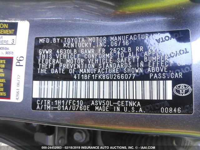4T1BF1FK8GU266077 - 2016 TOYOTA CAMRY LE/XLE/SE/XSE GRAY photo 9
