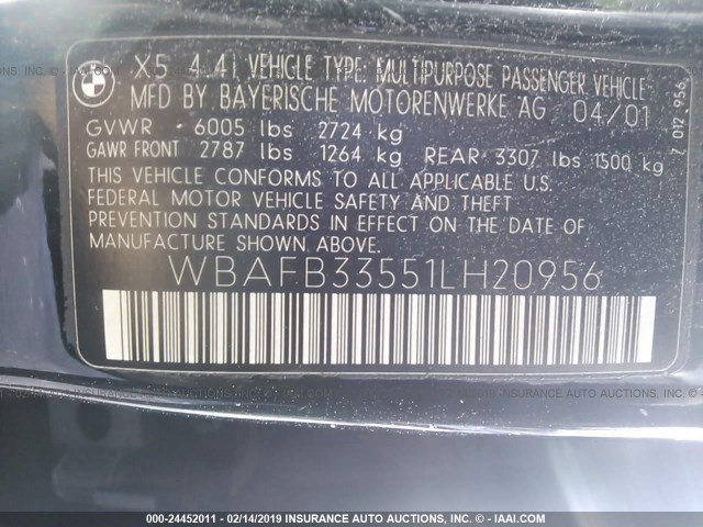 WBAFB33551LH20956 - 2001 BMW X5 4.4I BLACK photo 9