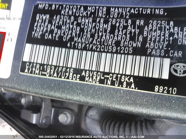 4T1BF1FK2CU591205 - 2012 TOYOTA CAMRY SE/LE/XLE 灰色 照片 9