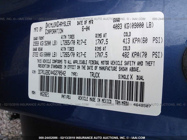 3D7KU28C44G270542 - 2004 DODGE RAM 2500 ST/SLT 蓝色 照片 9