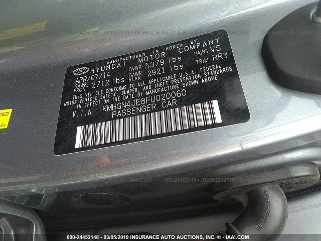 KMHGN4JE8FU020060 - 2015 HYUNDAI GENESIS 3.8L GRAY photo 9