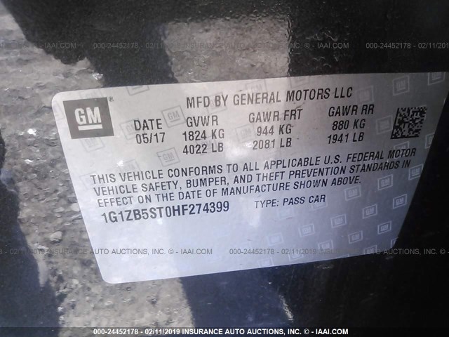 1G1ZB5ST0HF274399 - 2017 CHEVROLET MALIBU LS GRAY photo 9