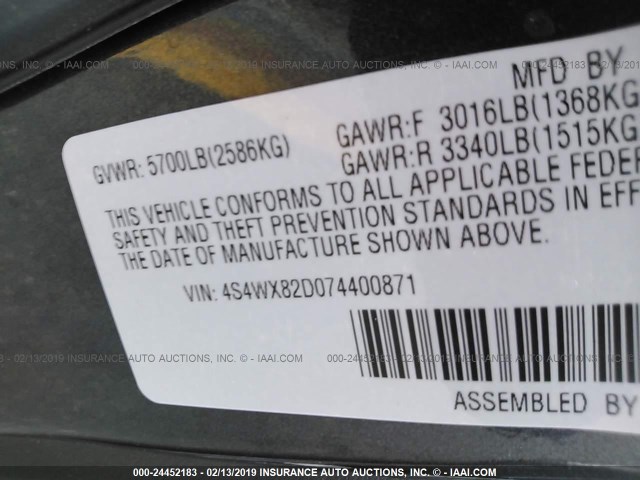 4S4WX82D074400871 - 2007 SUBARU B9 TRIBECA 3.0 H6/3.0 H6 LIMITED GRAY photo 9