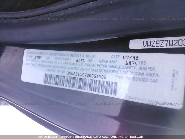 3VWBB61C7WM051402 - 1998 VOLKSWAGEN NEW BEETLE Schwarz Foto 9