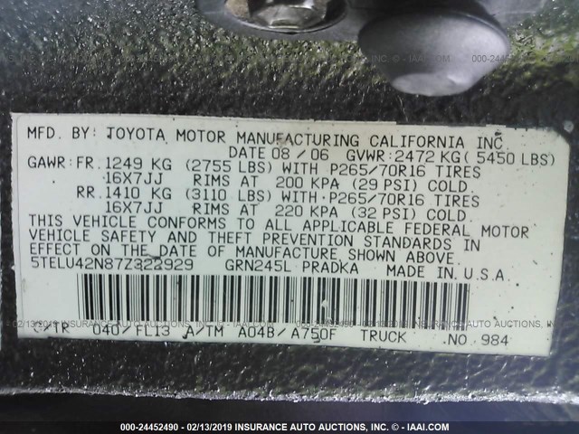 5TELU42N87Z322929 - 2007 TOYOTA TACOMA DOUBLE CAB 黑色 照片 9