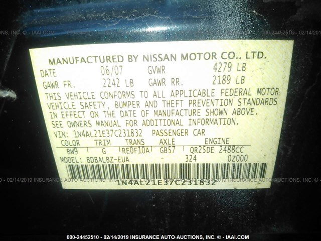 1N4AL21E37C231832 - 2007 NISSAN ALTIMA 2.5/2.5S BLUE photo 9