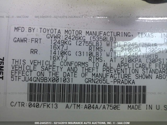 5TFJU4GN9BX001031 - 2011 TOYOTA TACOMA DOUBLE CAB PRERUNNER WHITE photo 9