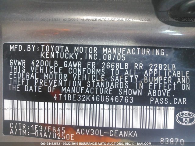 4T1BE32K46U646763 - 2006 TOYOTA CAMRY LE/XLE/SE GRAY photo 9