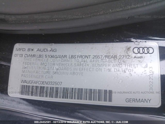 WAUGFAFC0EN032507 - 2014 AUDI A6 PREMIUM PLUS BLUE photo 9