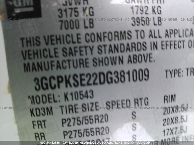 3GCPKSE22DG381009 - 2013 CHEVROLET SILVERADO K1500 LT WHITE photo 9