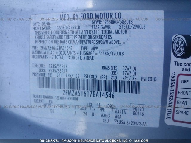 2FMZA51617BA14546 - 2007 FORD FREESTAR SE Light Blue photo 9