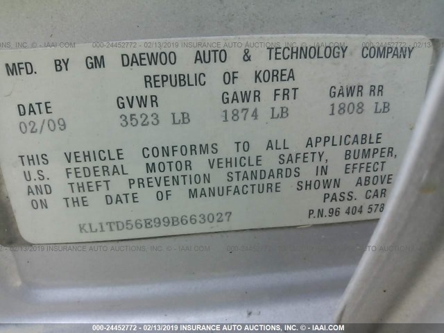 KL1TD56E99B663027 - 2009 CHEVROLET AVEO LS/LT SILVER photo 9