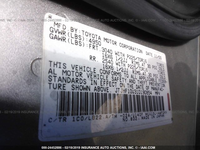 JTJHF10U310190854 - 2001 LEXUS RX 300 SILVER photo 9