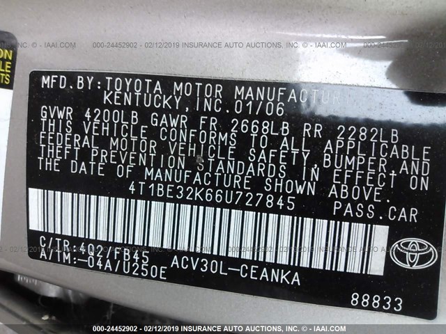 4T1BE32K66U727845 - 2006 TOYOTA CAMRY LE/XLE/SE GOLD photo 9