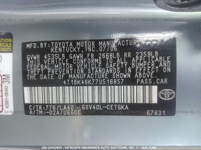 4T1BK46K77U516857 - 2007 TOYOTA CAMRY NEW GENERAT LE/XLE/SE GREEN photo 9