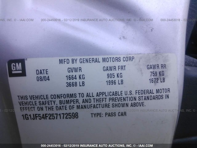 1G1JF54F257172598 - 2005 CHEVROLET CAVALIER LS SILVER photo 9