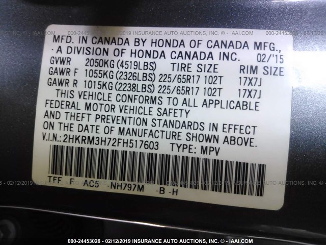 2HKRM3H72FH517603 - 2015 HONDA CR-V EXL GRAY photo 9