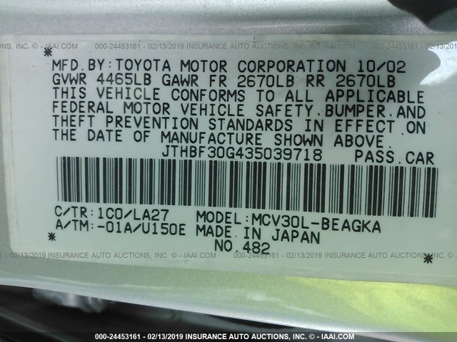 JTHBF30G435039718 - 2003 LEXUS ES 300 SILVER photo 9