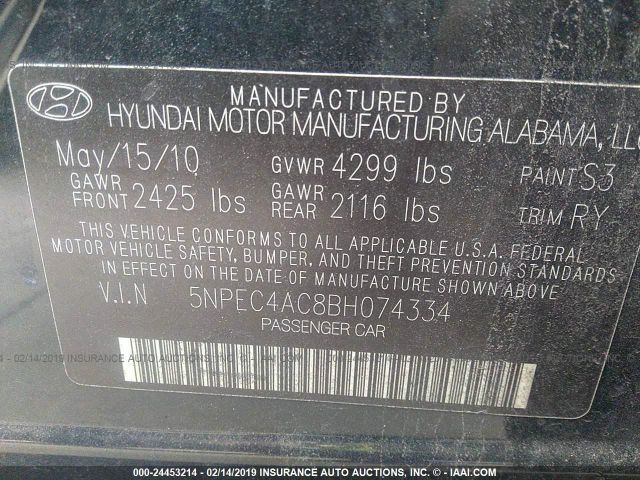 5NPEC4AC8BH074334 - 2011 HYUNDAI SONATA SE/LIMITED Black photo 9