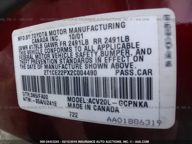 2T1CE22PX2C004490 - 2002 TOYOTA CAMRY SOLARA SE RED photo 9