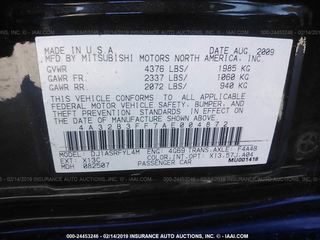 4A32B3FF7AE004872 - 2010 MITSUBISHI GALANT ES/SE BLACK photo 9