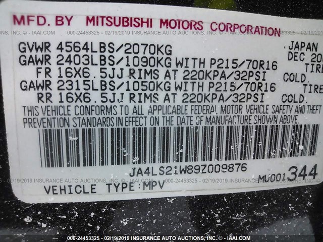 JA4LS21W89Z009876 - 2009 MITSUBISHI OUTLANDER ES BLACK photo 9